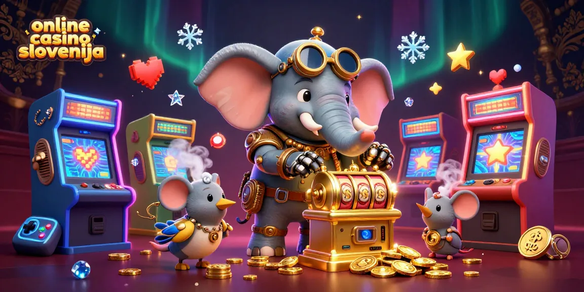 V 3D ilustraciji "online casino Slovenija" steampunk slon upravlja slot igro z modernimi igralnimi elementi.