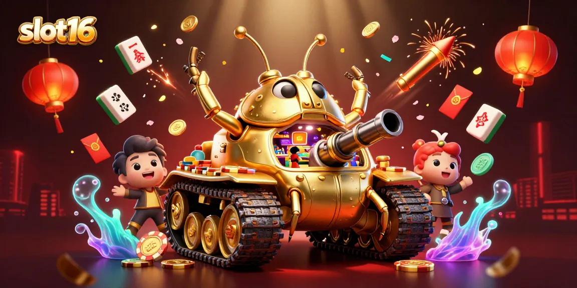 Experience thrill playing slot16 with a vibrant cartoon casino tank scene filled with lucky symbols.