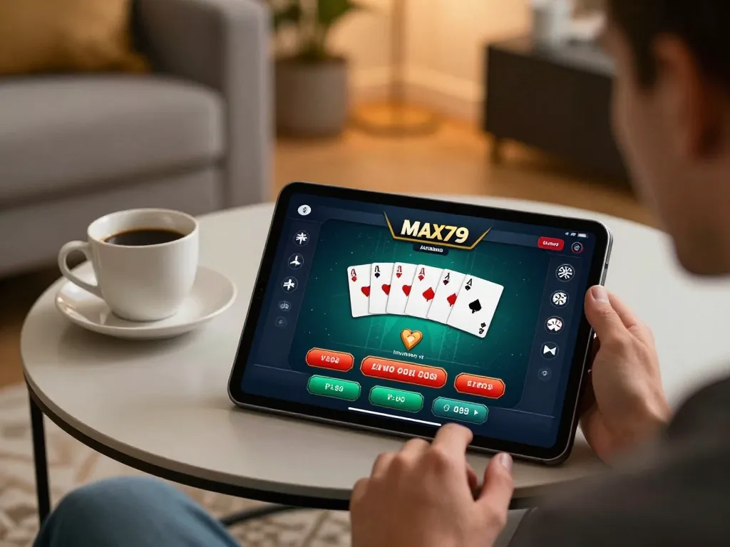 Player engaging with MAX79 casino app on tablet in a cozy home setting, emphasizing responsible gaming.