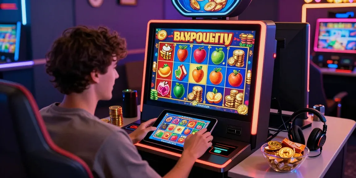 Player enjoying bonus buy slots at https://crownnorthill.co.uk/ in a colorful casino environment, vibrant graphics and gaming accessories around.