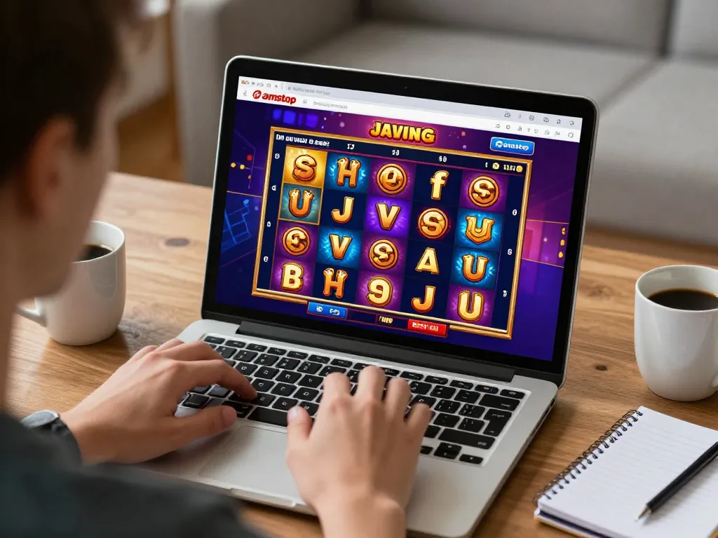 Playing slots not on Gamstop on a laptop with a colorful online casino interface during a cozy gaming session.