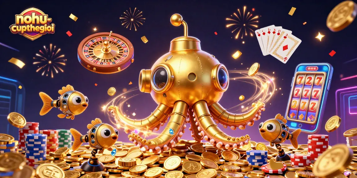 Nohu-cupthegioi showcases a golden kraken submarine amidst cascading casino elements