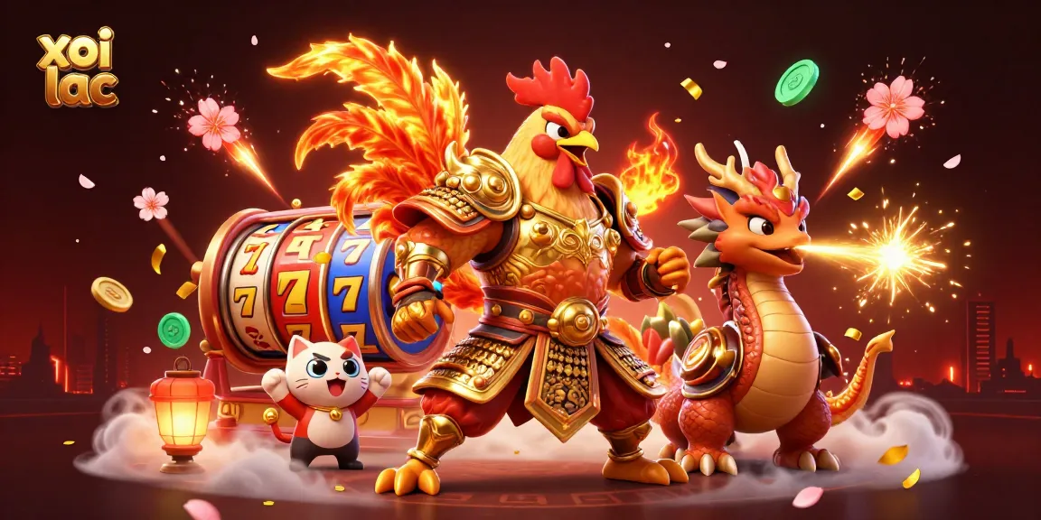 Xoi lac showcases a vibrant 3D scene with a powerful chicken warrior and a dragon hatchling in a casino setting, surrounded by slot reels.