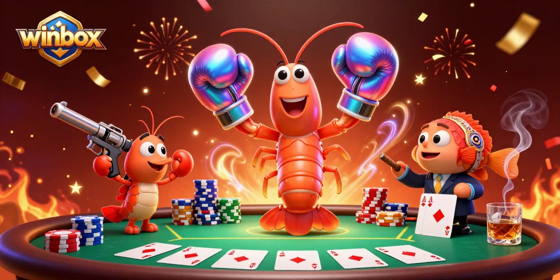 Winbox invites players to dive into a vibrant poker scene with dynamic characters and festive elements.