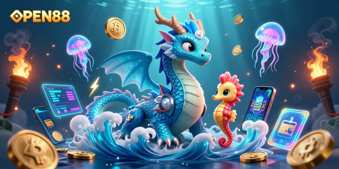Experience the thrill of OPEN88 with a vibrant underwater casino scene featuring animated characters and cryptocurrency elements.