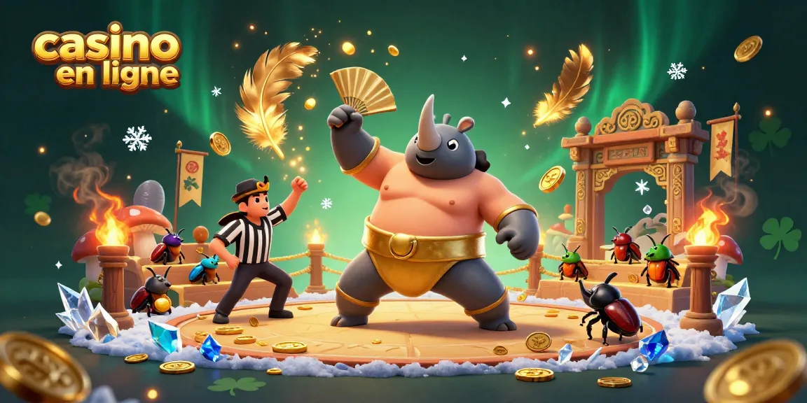 Une illustration animée 3D montre un champion scarabée sumo et des éléments de casino en ligne vibrants.