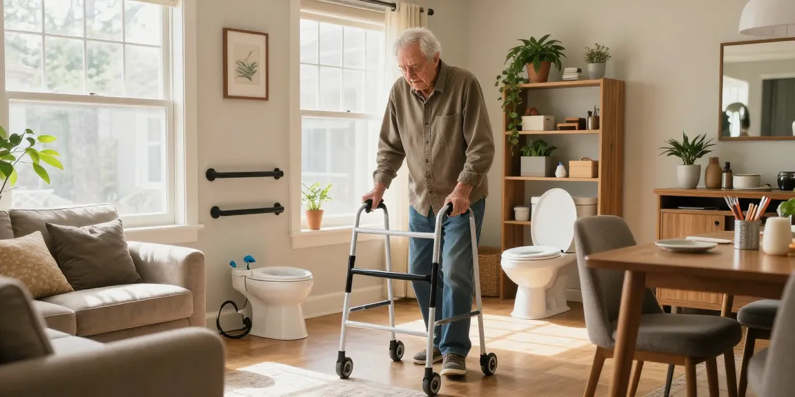 Man using handicap supplies in a sunlit living room for mobility support.