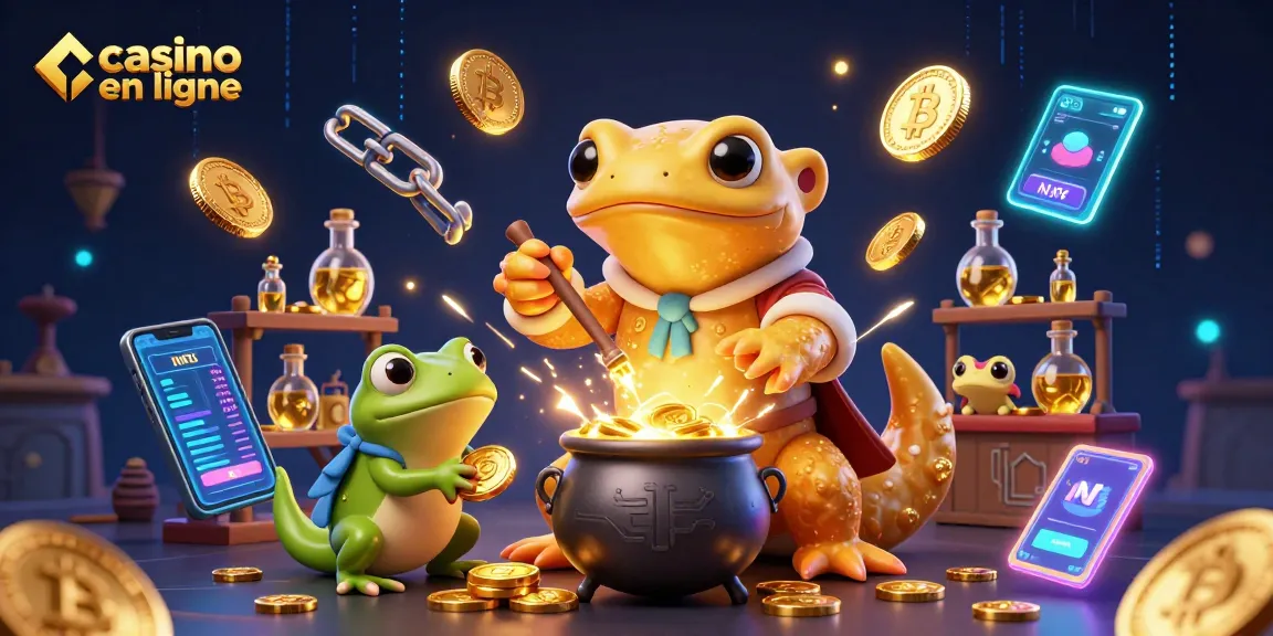 Illustration dynamique d'un alchimiste et ses assistants dans un casino en ligne, créant des richesses.