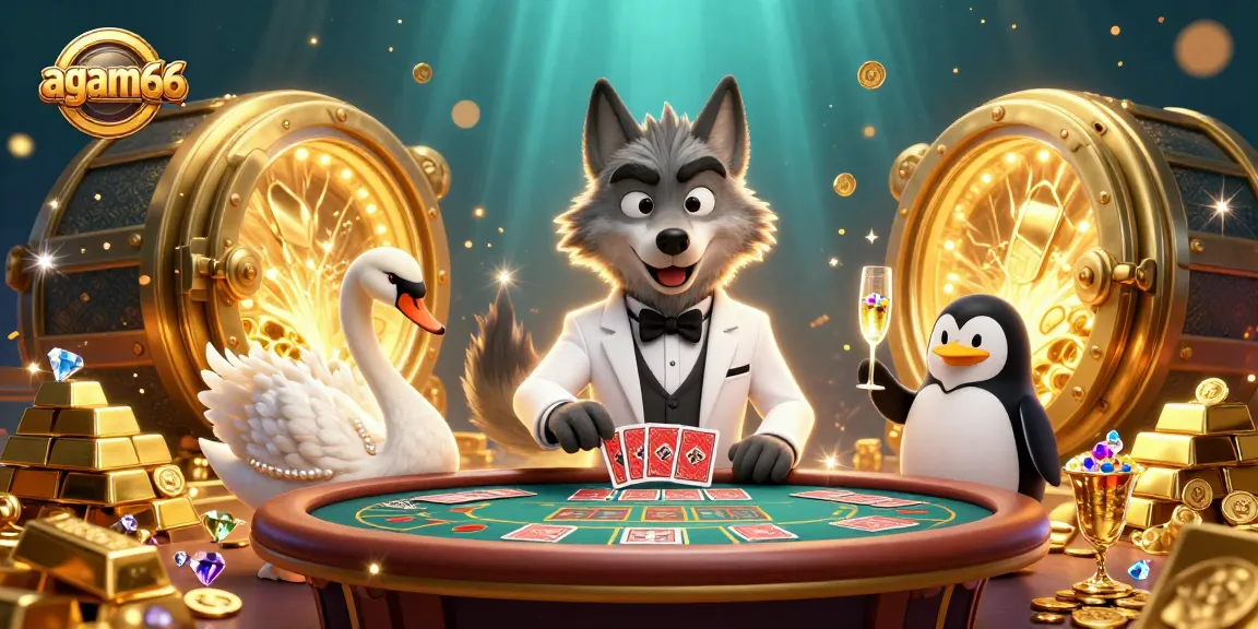 Engage in thrilling gameplay at AGAM66 with a vibrant 3D scene showcasing casino characters and treasures.
