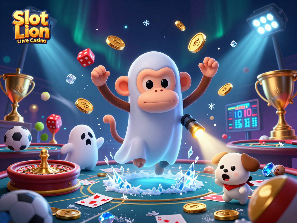 Experience the excitement of Slot Lion Live Casino with a dynamic 3D scene showcasing a mischievous monkey and a ghost-hunter puppy.