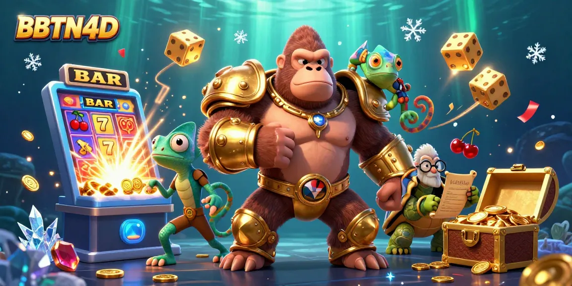 BBTN4D menghadirkan ilustrasi dinamis dengan gorila raja dan chameleon, simbol kasino, dan efek jackpot.