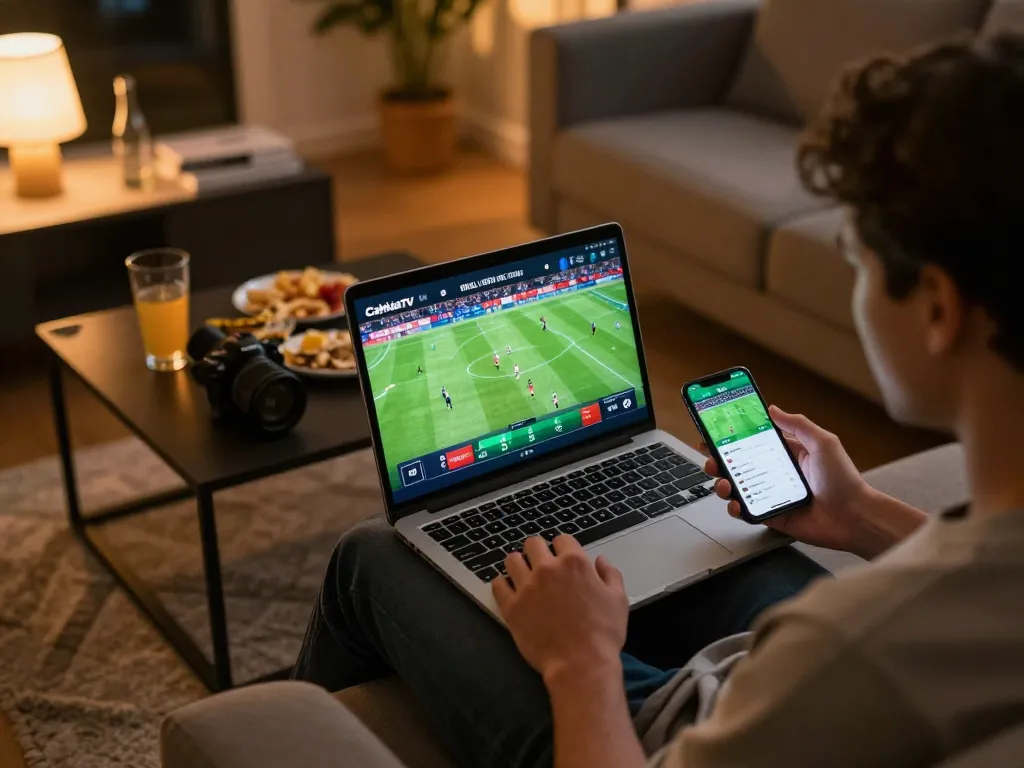 CakhiaTV user enjoying live football betting on laptop and smartphone in cozy home setting