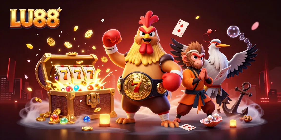 LU88 gaming scene with a Muay Thai rooster, Shaolin monkey, and crane master amid explosive slot game treasures.