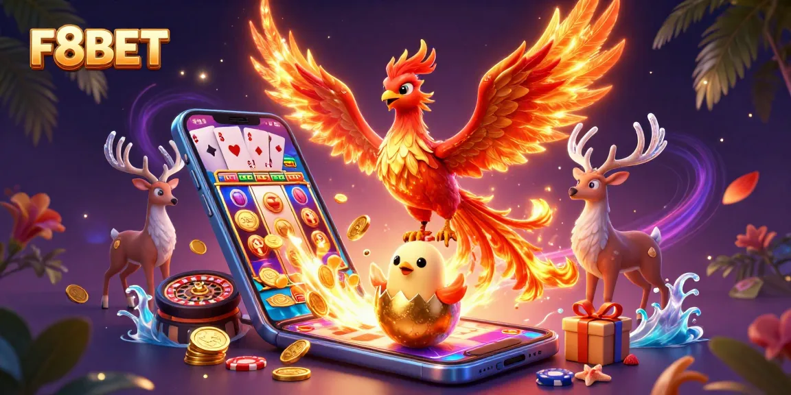 Experience thrilling moments at F8BET with an exciting illustration of mythical creatures and dynamic gaming elements.