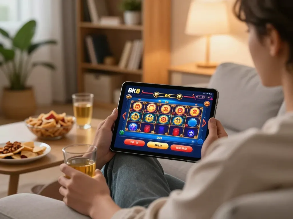 Player enjoying BK8 online casino gaming on a tablet in a cozy home setting, surrounded by snacks.