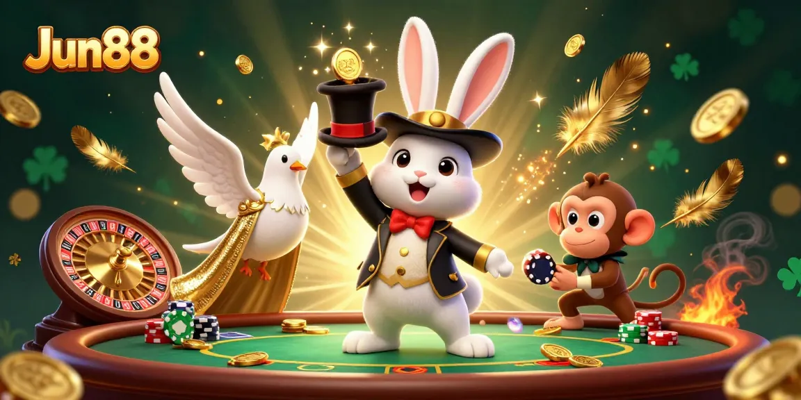 Experience thrilling casino adventure with Jun88's magician rabbit and fun characters in a vibrant, dynamic scene.