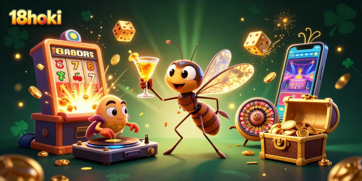 Experience thrilling wins with 18hoki, showcasing a vibrant casino scene with diverse gaming elements.