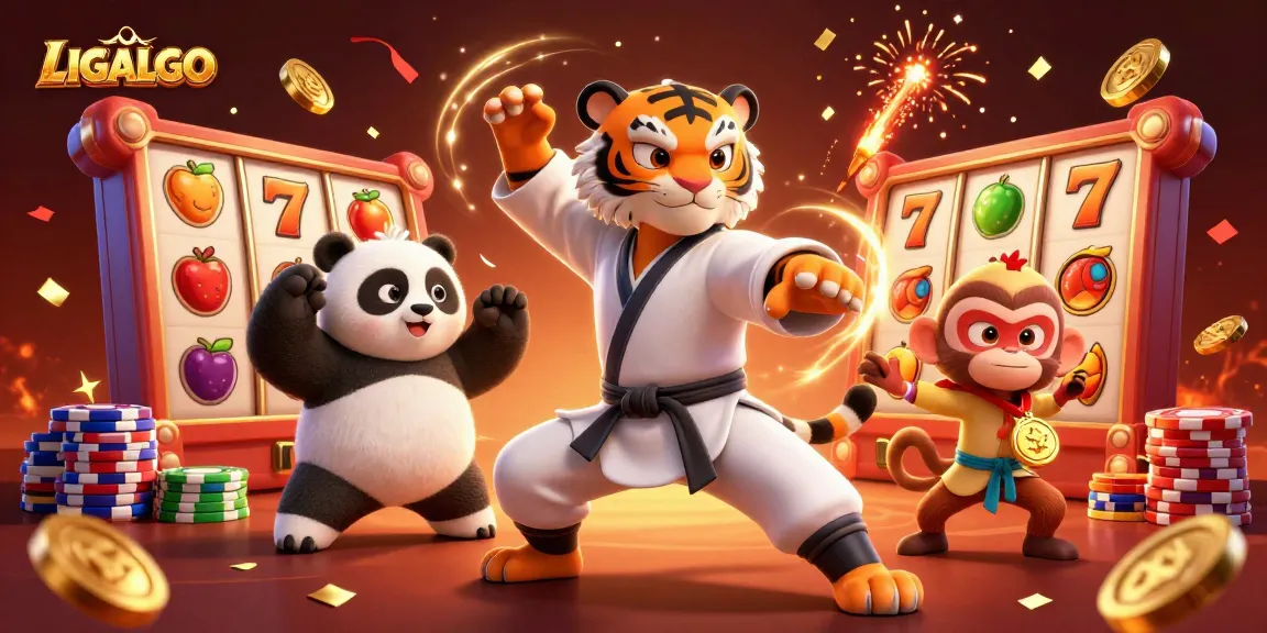LIGALGO showcases a vibrant 3D casino scene with tiger master and playful characters winning at slots.
