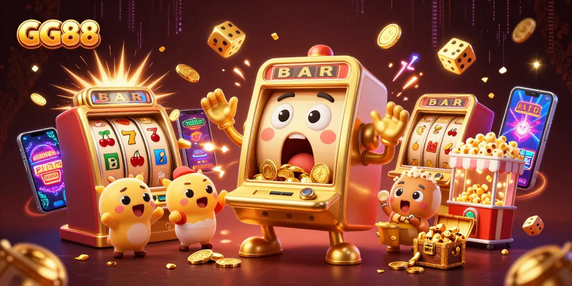 Exciting GG88 slot machine jackpot event with golden coins and cheering machines.