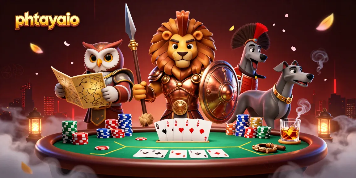 Phtayaio players immerse in thrilling poker action with a Spartan lion and allies.