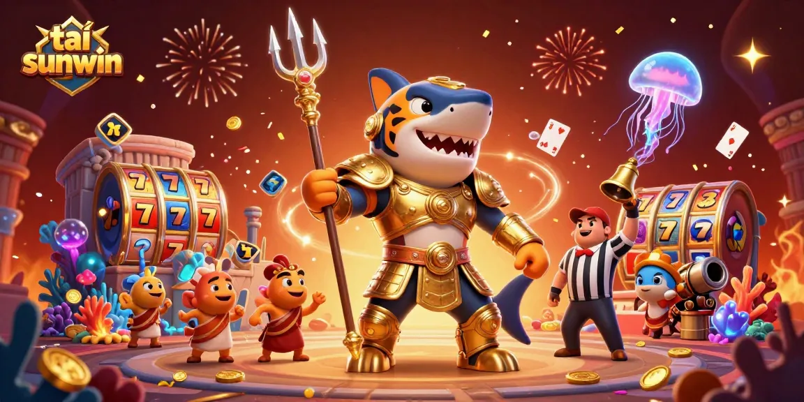 Engage in exciting gameplay with tải sunwin surrounded by gold coins, slot reels, and vibrant characters.