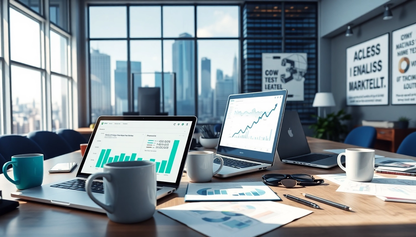 Die Website https://alvionz.de/ präsentiert ein modernes digitales Marketing-Büro mit Laptops und Analyse-Diagrammen.