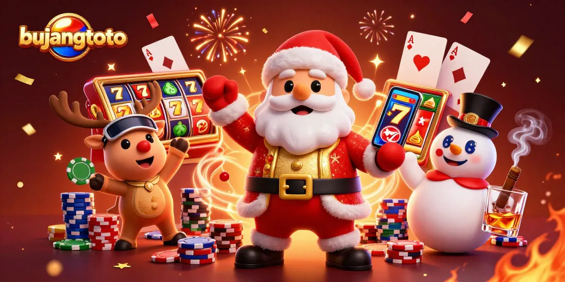 Memenangkan jackpot di bujangtoto dengan karakter lucu seperti Santa dan teman-temannya di sebuah kasino digital.
