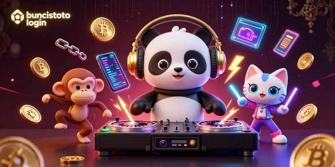 Melihat buncistoto login dengan DJ panda 3D dan elemen permainan kasino crypto yang berkilau.