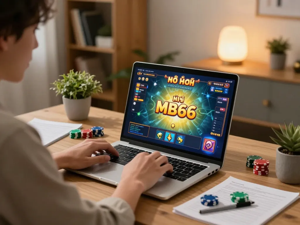 Play nổ hũ mb66 strategically on a laptop in a cozy home setting with chips and notes visible.