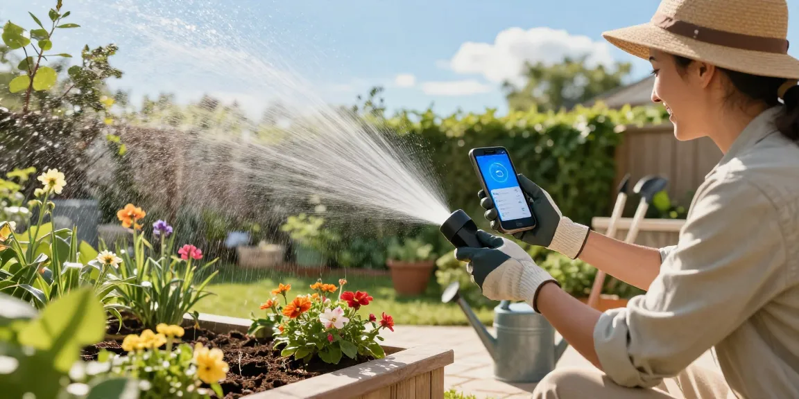 Smart sprinkler system in action, homeowner managing garden irrigation effortlessly.