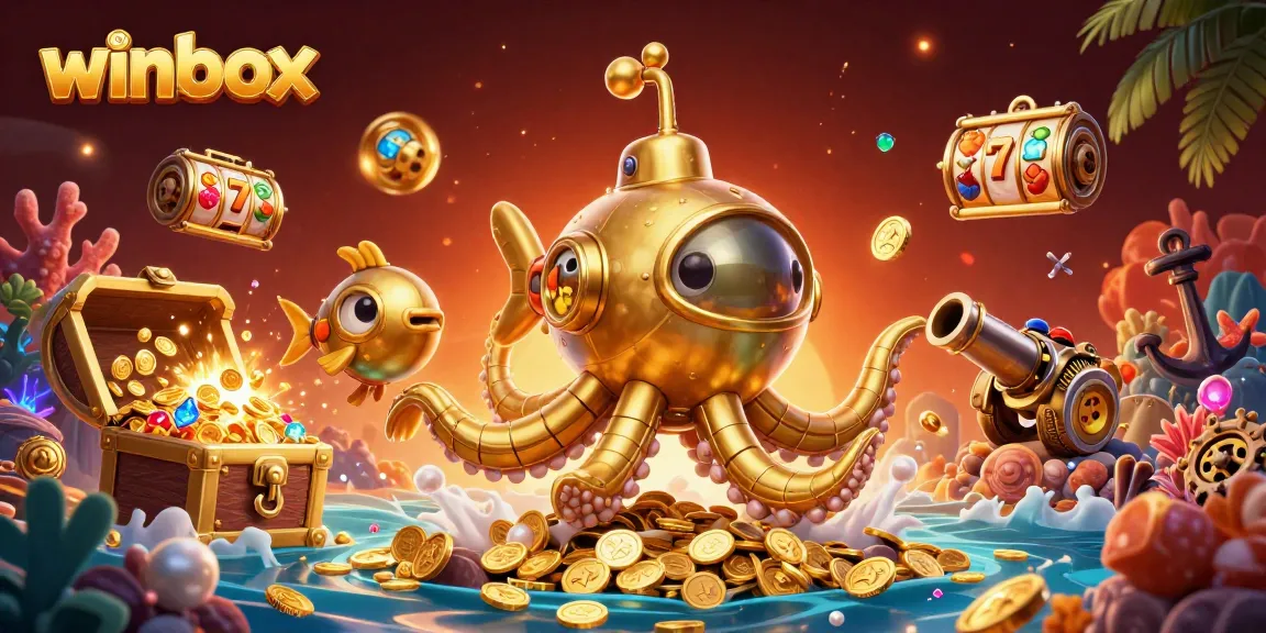 Experience the excitement of winbox with this vibrant 3D casino illustration featuring an engaging golden kraken and slot game elements.