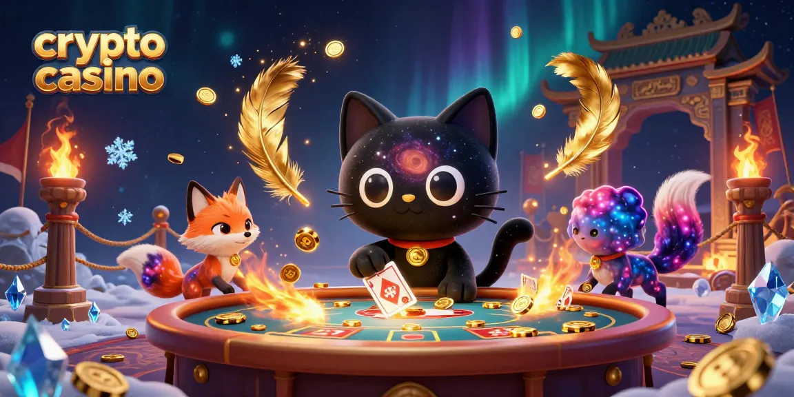Gioca nel crypto casino mentre il gatto buco nero attira fiches d'oro e carte.