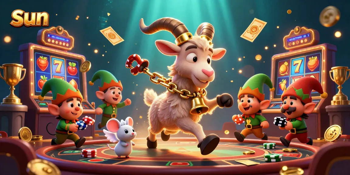 Experience the thrill of casino gaming with sun-themed illustration featuring Krampus and animated characters.