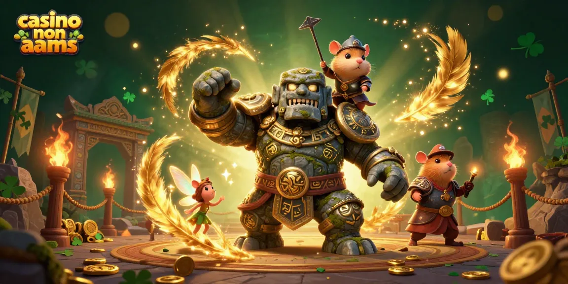 Gioca al casino non AAMS con un golem di pietra e un topo cavaliere mentre magia e monete volano intorno.