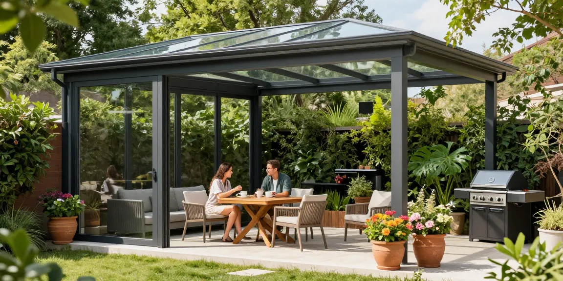 Freistehende Terrassenüberdachung über einem modern gestalteten Garten mit frischen Blumen.