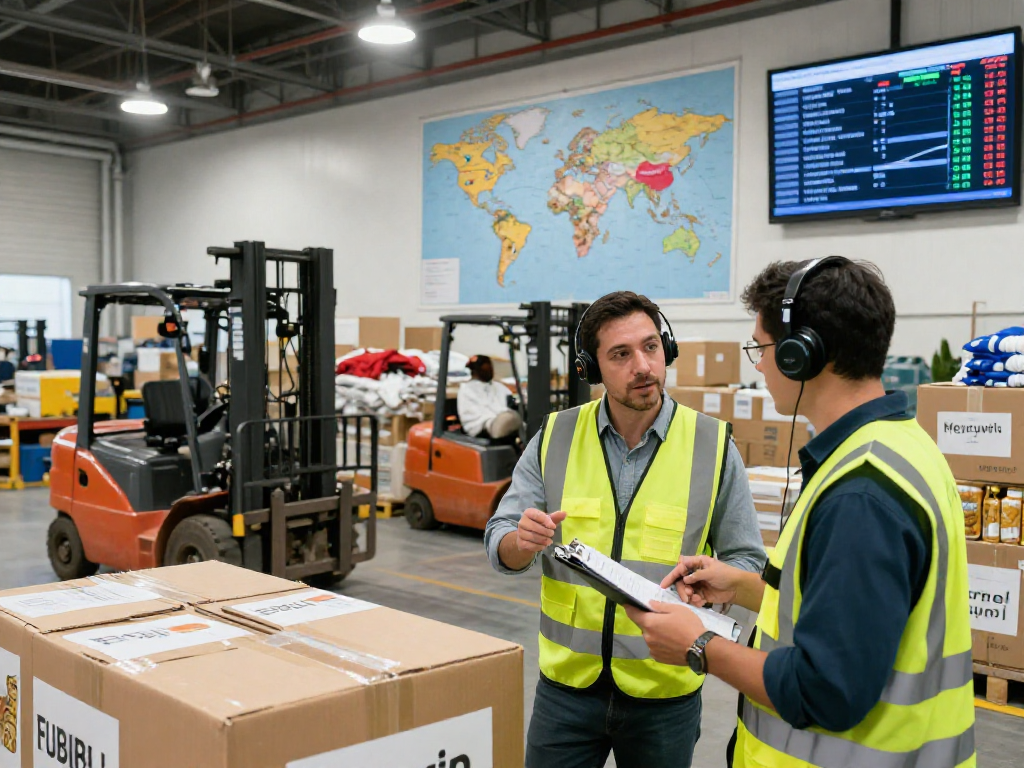 Hilfsgütertransport in Dortmund: Logistikmitarbeiter koordiniert humanitäre Hilfsgüter in einem Lagerhaus.