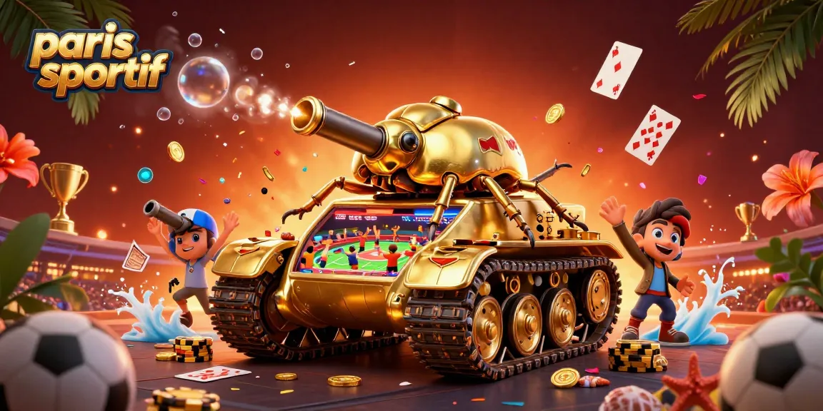 Paris sportif : dynamique scène de pari avec tank doré, pièces et trophées éparpillés.