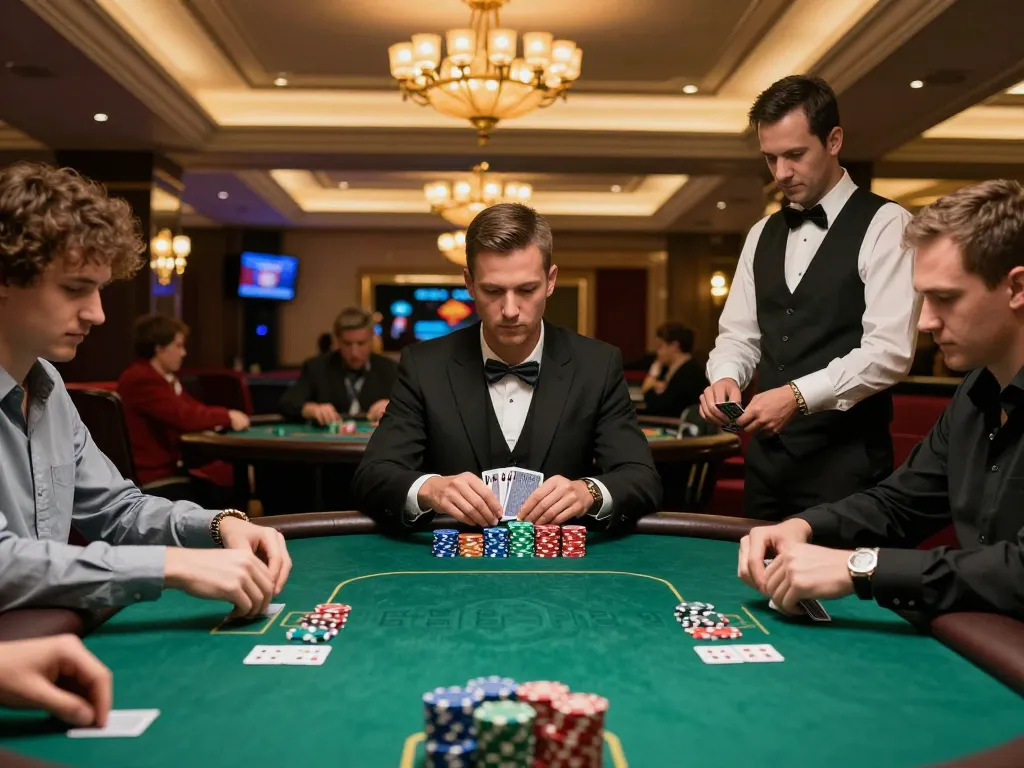 Players engaged in an intense poker game at 888top, showcasing chips and strategy.