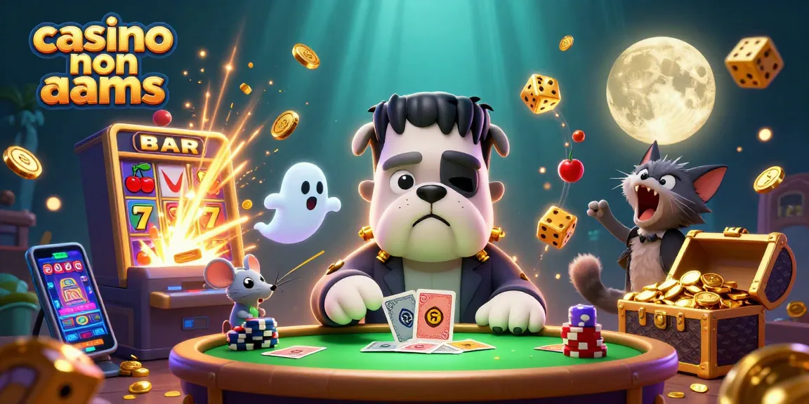 Giocando al casino non AAMS, un bulldog Frankenstein distribuisce carte tra oro e divertimento.
