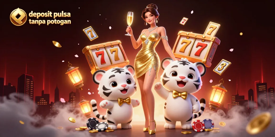 Engage with deposit pulsa tanpa potongan in an immersive casino scene featuring a glamorous woman, lucky tiger cub, slot reels, and festive decorations.