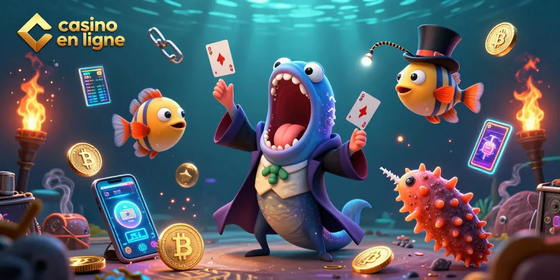 Jouer dans un casino en ligne avec un poisson-lanterne et un serpent de mer, magie et crypto-monnaies en ambiance.