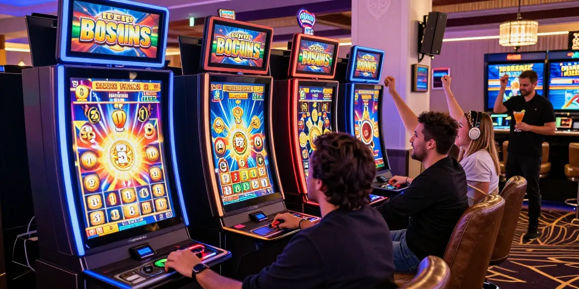 Players celebrating while trying bonus buy slots at a vibrant online casino.