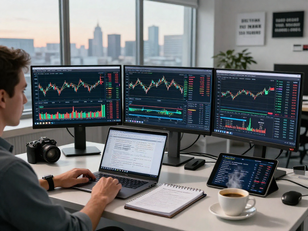 使用TradingView实时行情分析的交易员在现代办公空间内专注于多屏幕交易，背景为城市天际线。
