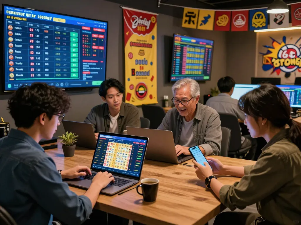 Players analyzing Pengeluaran HK data in an engaging online lottery session with lively atmosphere and modern tech.