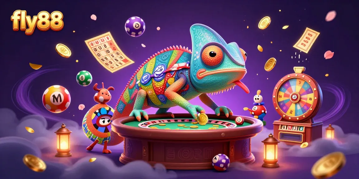 Experience the excitement at fly88 with a dynamic casino scene featuring vibrant games and prizes.