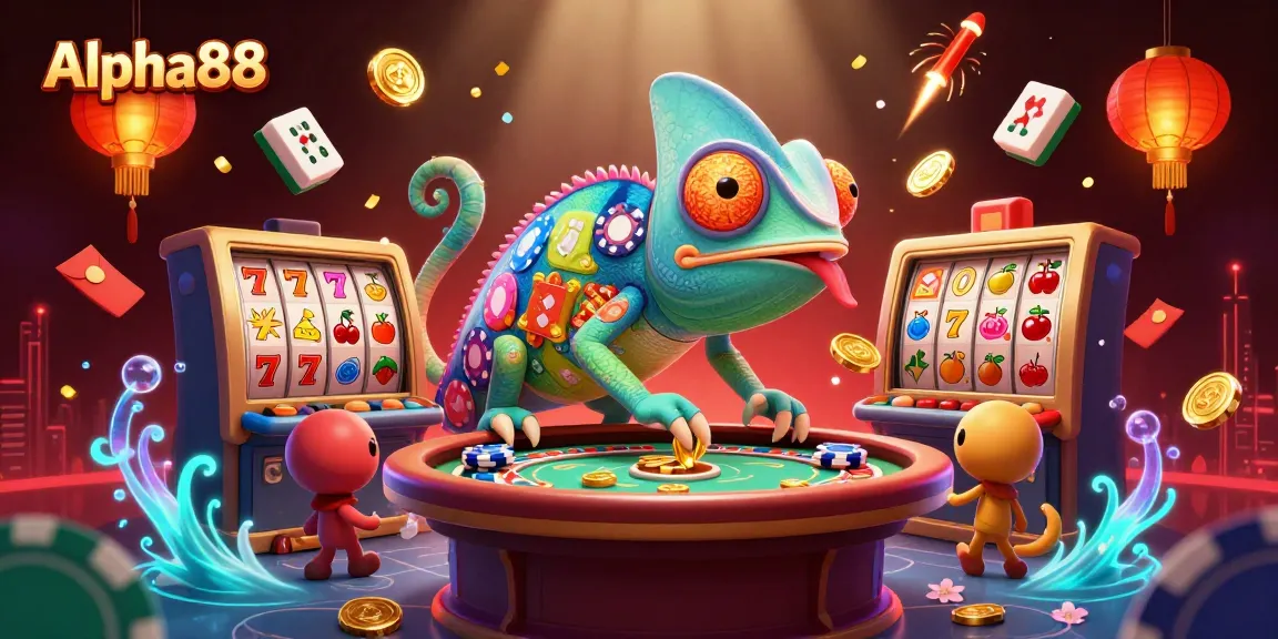 Enjoy vibrant gameplay at Alpha88, featuring a whimsical chameleon casino owner amidst thrilling slots and festive decor.