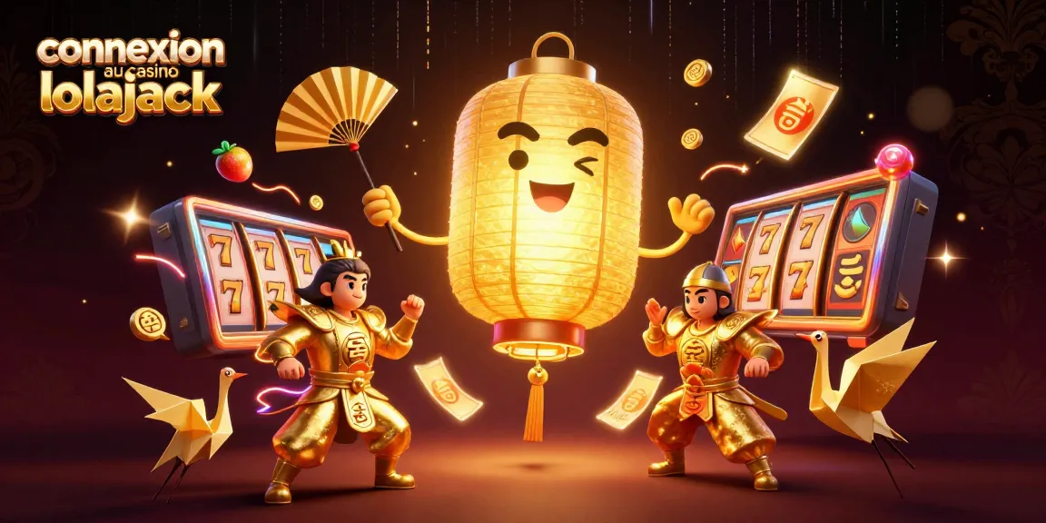 Connexion au casino lolajack : Découvrez une illustration dynamique de jeu avec des machines à sous et des symboles chanceux.