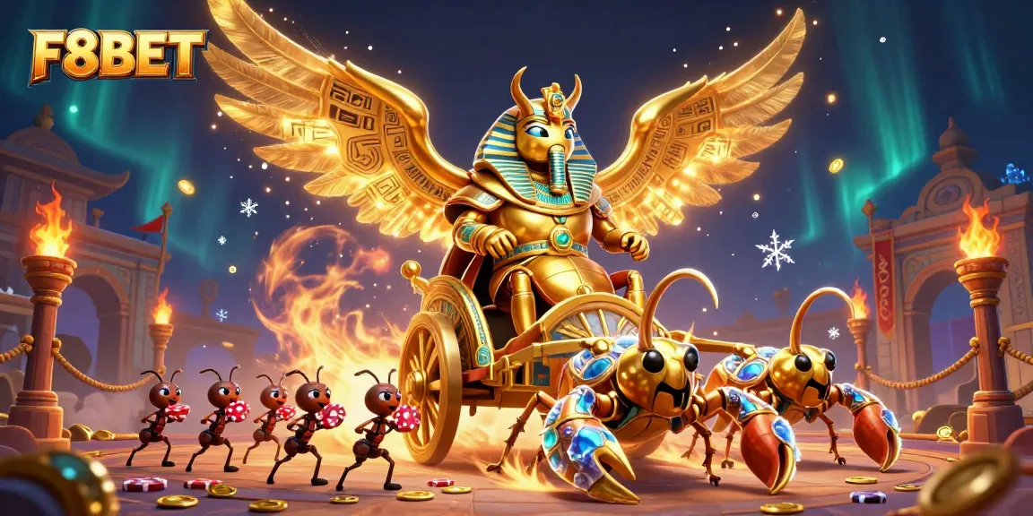 Bet big with F8BET in a dynamic casino scene featuring a golden scarab and poker chips.