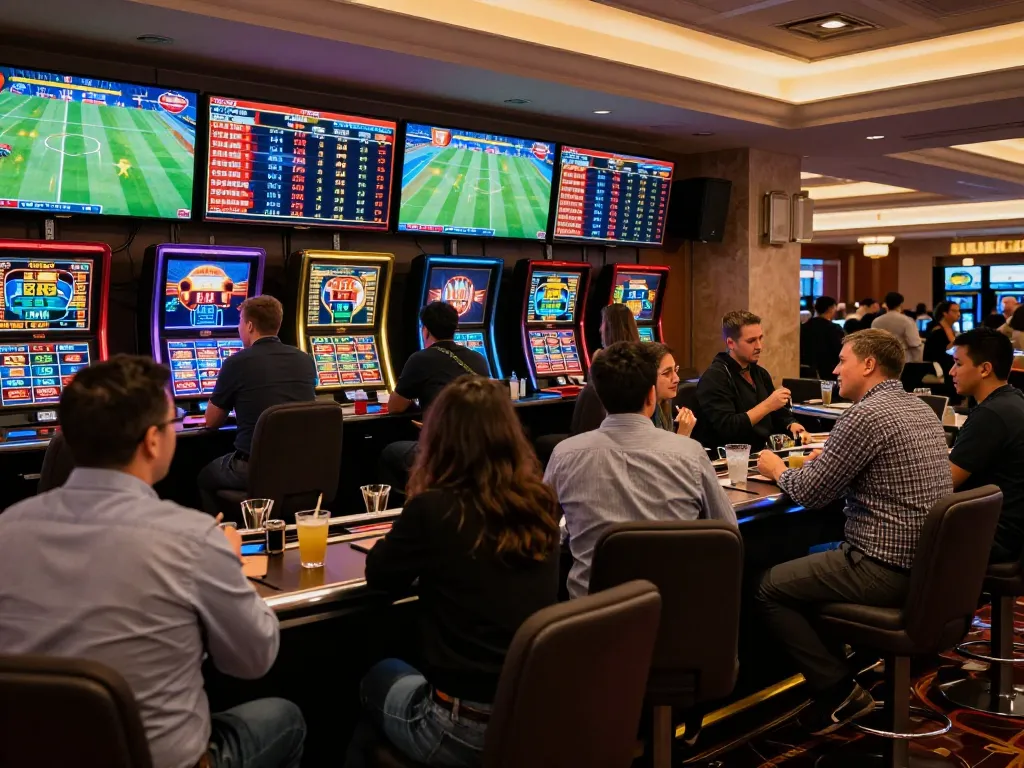 keobongda betting enthusiasts engaging in live sports betting at a vibrant casino.