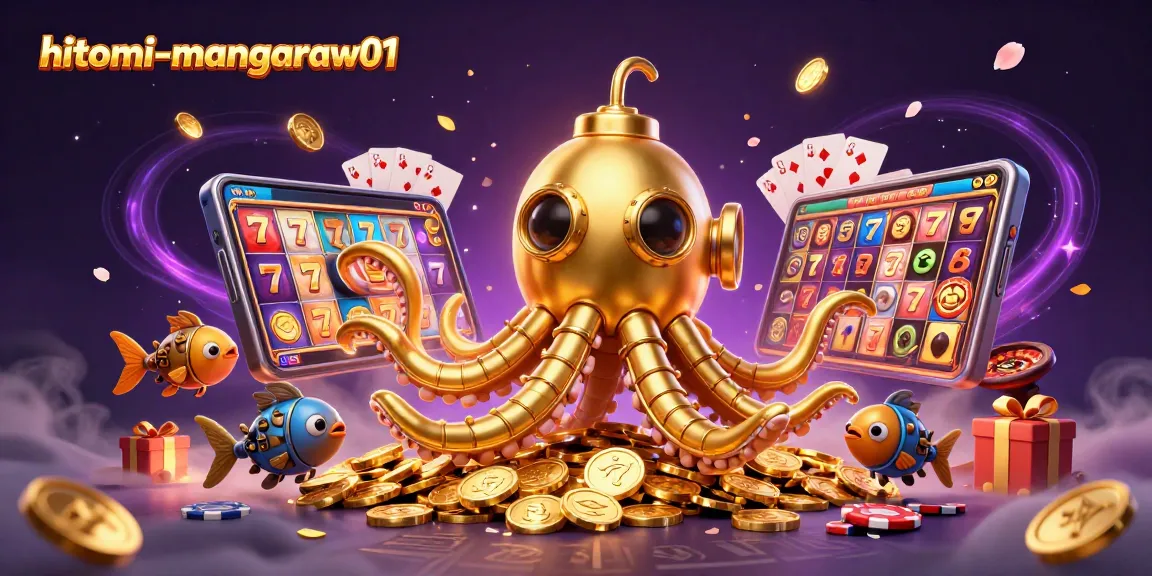 Engaging visualization of hitomi-mangaraw01's vibrant casino elements with a mesmerizing kraken and slot game scenes.